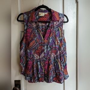 Anthropologie Maeve Whimsical Pintuck Sleeveless Colorful Button Down Top